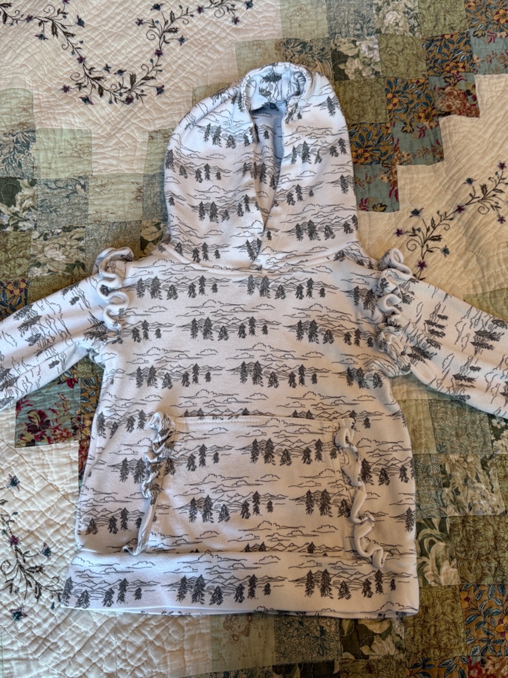 kate quinn Cream Hoodie with Gray Scenic Print and Ruffle Details